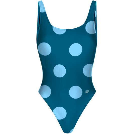 Teal-Blue Polka Dots - High Hip One Piece Swimsuit