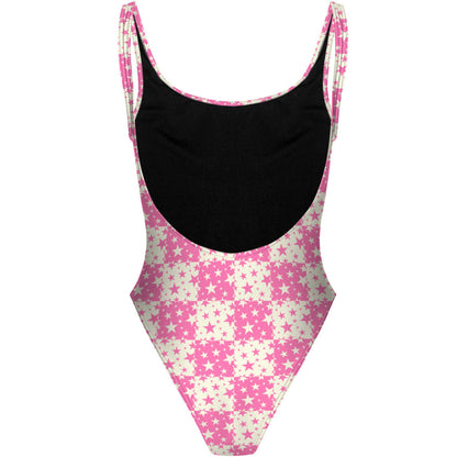 Pink Plaid Stars - High Hip One Piece Swimsuit