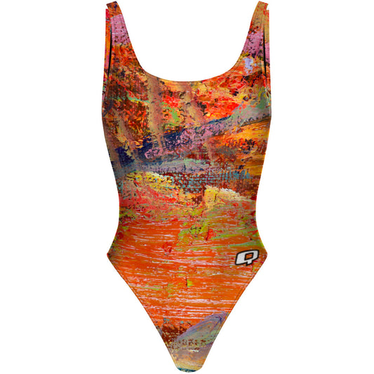 Orange Oil On Canvas - High Hip One Piece Swimsuit