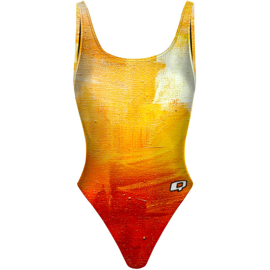 Yellow Brush Strokes - High Hip One Piece Swimsuit